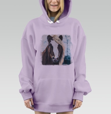 Коричневая лошадь с белой гривой зимний пейзаж, Hoodie Mjhigh Dig Mel, Fiolet, утепленная
