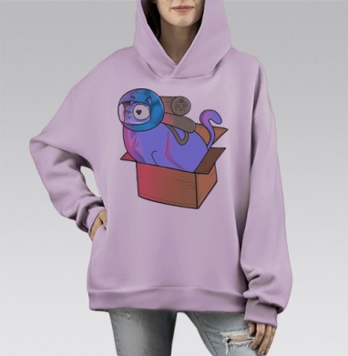 Кот в шлеме летящий спасать мир на коробке, Hoodie Mono Fiolet, оверсайз, утепленная
