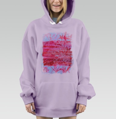 Красно розовый флористический узор на сером фоне, Hoodie Mjhigh Dig Mel, Fiolet, утепленная
