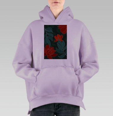 Красные цветы и сине зеленые листья на темном фоне, Hoodie Oversize Fiolet, утепленная