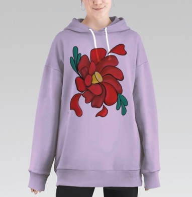 Красный цветок с зелеными листьями и желтым сердцем принт, Hoodie Long Oversize Fiolet