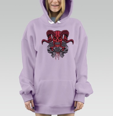 Красный рогатый череп с серыми розами и кровью, Hoodie Mjhigh Dig Mel, Fiolet, утепленная