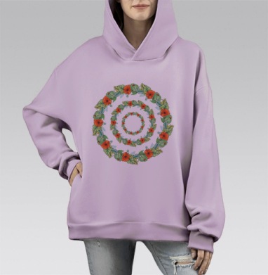 Круги из маков и зелени, Hoodie Mono Fiolet, оверсайз, утепленная