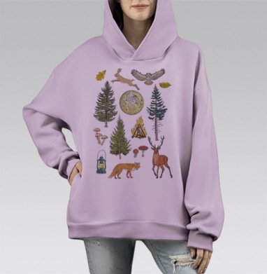 Лесной принт, Hoodie Mono Fiolet, оверсайз, утепленная