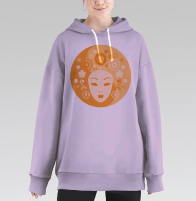 Лицо девушки с абстрактными цветами и оранжевыми оттенками, Hoodie Long Oversize Fiolet