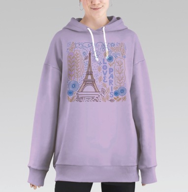 Люблю Париж. Дудлы, леттеринг, Hoodie Long Oversize Fiolet