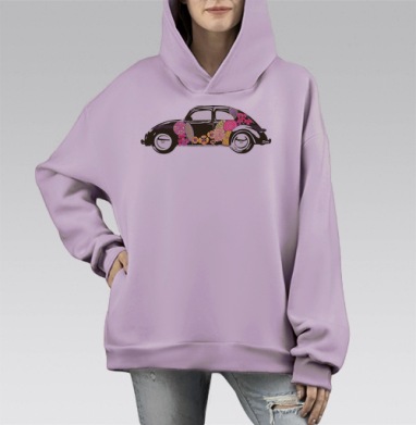 Машина в цветах, Hoodie Mono Fiolet, оверсайз, утепленная
