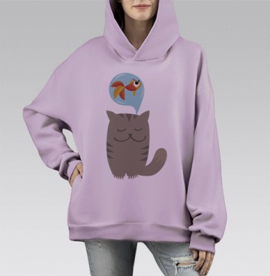 Мечты котейки о рыбке, Hoodie Mono Fiolet, оверсайз, утепленная