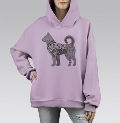 Медитативная орнаментальная собака в графике Черно белая, Hoodie Mono Fiolet, оверсайз, утепленная