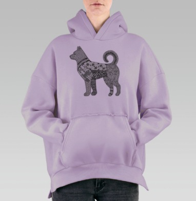 Медитативная орнаментальная собака в графике Черно белая, Hoodie Oversize Fiolet, утепленная