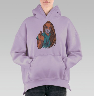 Медсестра показывает средний палец в голубой форме, Hoodie Oversize Fiolet, утепленная
