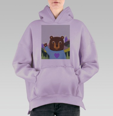 Медведь в голубом свитере с фиолетовым сердцем машет лапой, Hoodie Oversize Fiolet, утепленная