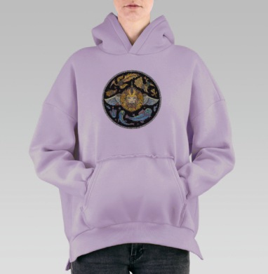Мифологическое Существо с Крыльями и Рыбами на Черном фоне, Hoodie Oversize Fiolet, утепленная