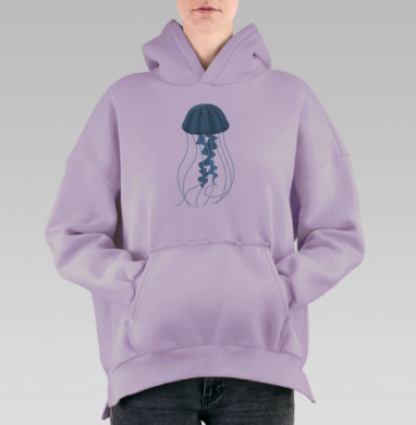 Милая улыбающаяся медуза в плавных синих тонах, Hoodie Oversize Fiolet, утепленная