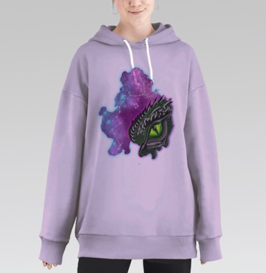 Мистический зелёный глаз дракона с космическим фоном галактики, Hoodie Long Oversize Fiolet