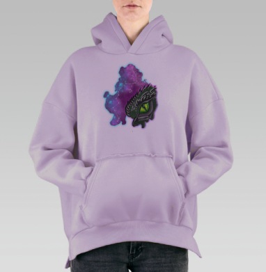 Мистический зелёный глаз дракона с космическим фоном галактики, Hoodie Oversize Fiolet, утепленная