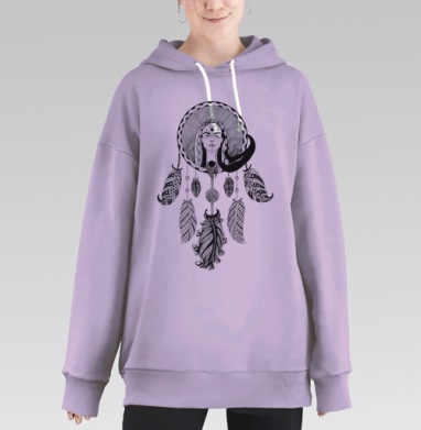 Мистическое женское лицо с перьями и духовной силой, Hoodie Long Oversize Fiolet