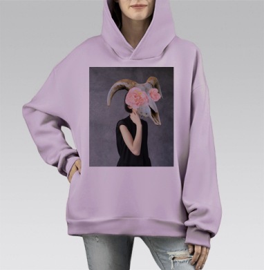 Мистика череп с цветами на фоне сером, Hoodie Mono Fiolet, оверсайз, утепленная