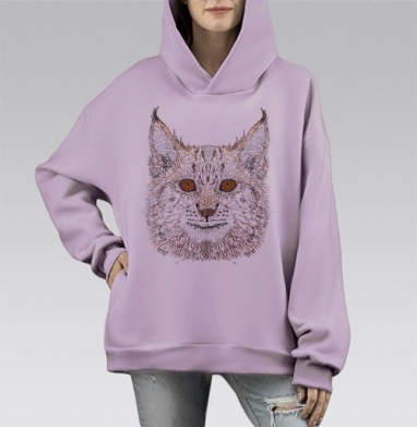 Морда рыси с выразительным взглядом и детальной текстурой шерсти, Hoodie Mono Fiolet, оверсайз, утепленная