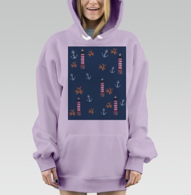 Морская сцена с маяками кораллами и якорями, Hoodie Mjhigh Dig Mel, Fiolet, утепленная