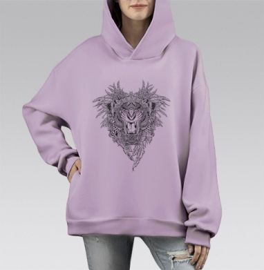 Мощный портрет рычащего льва с этно-узорами, Hoodie Mono Fiolet, оверсайз, утепленная