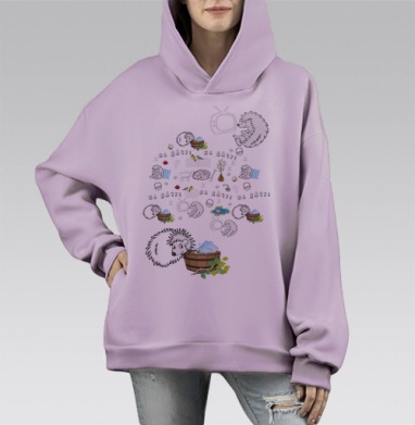 Мультяшные ёжики тележка птички на дачу, Hoodie Mono Fiolet, оверсайз, утепленная