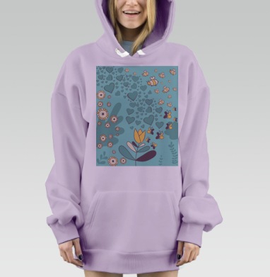 Мягкая пастельная сцена пчел и бабочек вокруг цветов и сердечек, Hoodie Mjhigh Dig Mel, Fiolet, утепленная