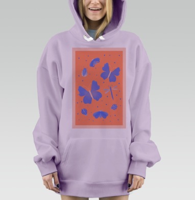 Насекомые на оранжевом фоне яркие бабочки стрекоза, Hoodie Mjhigh Dig Mel, Fiolet, утепленная