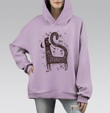 Монохромный скетч длинношеего кота — мистический арт, Hoodie Mono Fiolet, оверсайз, утепленная