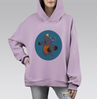 Мотивирующий бегемот с гантелями в оранжевой майке, Hoodie Mono Fiolet, оверсайз, утепленная