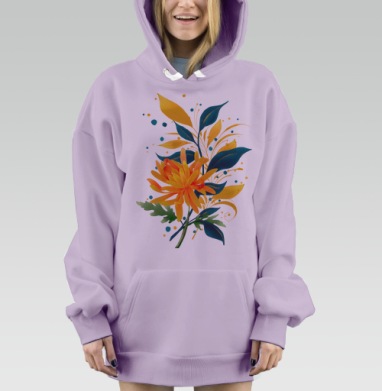 Оранжевый цветок с синими листьями и зелеными ягодами, Hoodie Mjhigh Dig Mel, Fiolet, утепленная