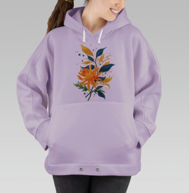 Оранжевый цветок с синими листьями и зелеными ягодами, Hoodie Oversize Fiolet