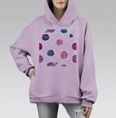 Планеты и созвездия полигональные, Hoodie Mono Fiolet, оверсайз, утепленная