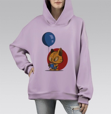 Рыжий кот с синим подарком и шариком, Hoodie Mono Fiolet, оверсайз, утепленная