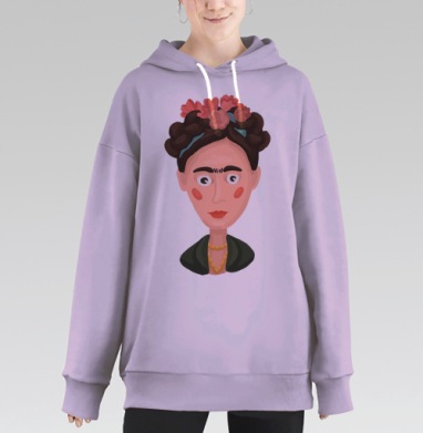Портрет Фриды Кало с цветами в волосах в теплых тонах, Hoodie Long Oversize Fiolet