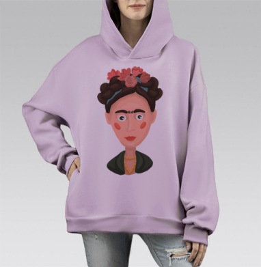 Портрет Фриды Кало с цветами в волосах в теплых тонах, Hoodie Mono Fiolet, оверсайз, утепленная