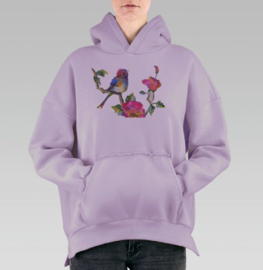 Птичка на ветке с розовыми цветами, Hoodie Oversize Fiolet, утепленная