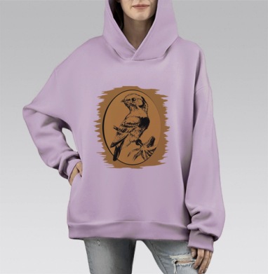 Реалистичный карандашный рисунок птицы на ветке, Hoodie Mono Fiolet, оверсайз, утепленная