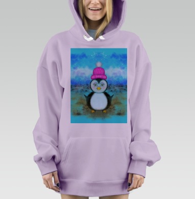 Пухлый маленький пингвинёнок в яркой шапке гуляющий по полю, Hoodie Mjhigh Dig Mel, Fiolet, утепленная