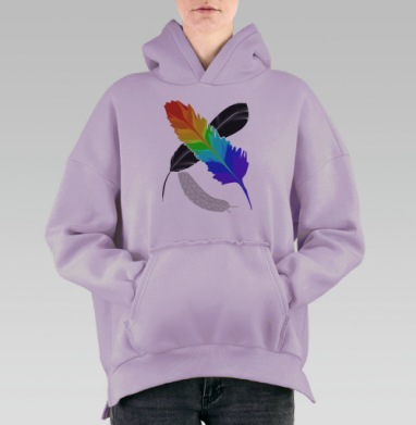 Радужное перо среди чёрных серебристых перьев, Hoodie Oversize Fiolet, утепленная