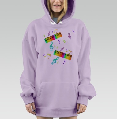Радужные клавиши и музыкальные ноты на светло сером фоне, Hoodie Mjhigh Dig Mel, Fiolet, утепленная