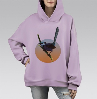 Картина птицы на ветке в акварельном стиле, Hoodie Mono Fiolet, оверсайз, утепленная