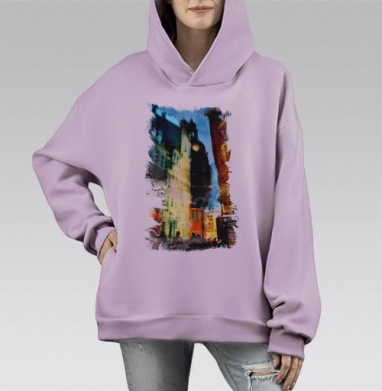 Рига, ночной город, Hoodie Mono Fiolet, оверсайз, утепленная