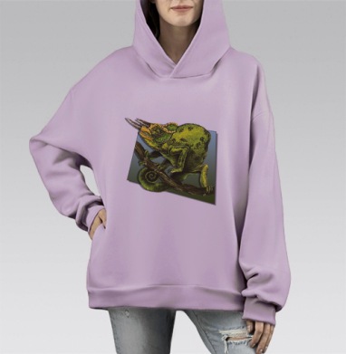 Детализированный научный рисунок трёхрогого хамелеона, Hoodie Mono Fiolet, оверсайз, утепленная