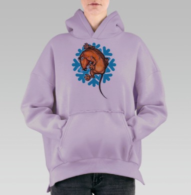 Рыжая крыса в испуге на фоне снежинки зимняя сцена весело, Hoodie Oversize Fiolet, утепленная