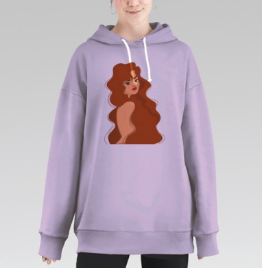 Рыжеволосая девушка с длинными кудрявыми волосами на черном фоне, Hoodie Long Oversize Fiolet