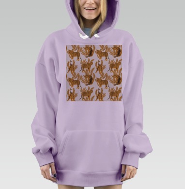 Рыжие тигры на кремовом фоне с коричневыми листьями, Hoodie Mjhigh Dig Mel, Fiolet, утепленная