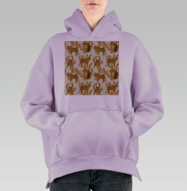 Рыжие тигры на кремовом фоне с коричневыми листьями, Hoodie Oversize Fiolet, утепленная