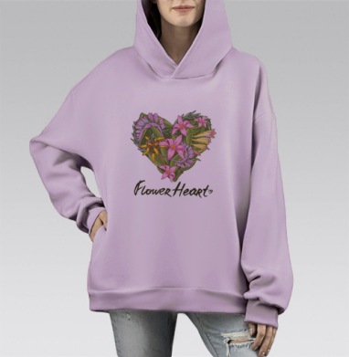 Сердце из тропических растений, Hoodie Mono Fiolet, оверсайз, утепленная