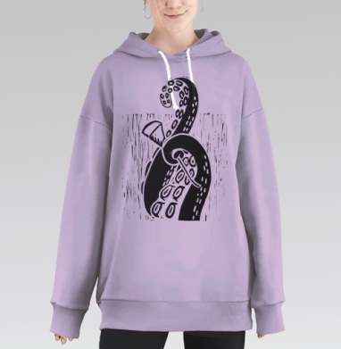 Щупальце осьминога с штихелем в стиле линогравюры на белом фоне, Hoodie Long Oversize Fiolet